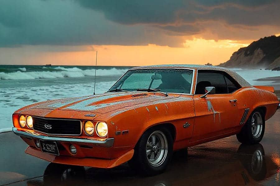 Automóvil con rotulación deteriorada aparcado en una playa