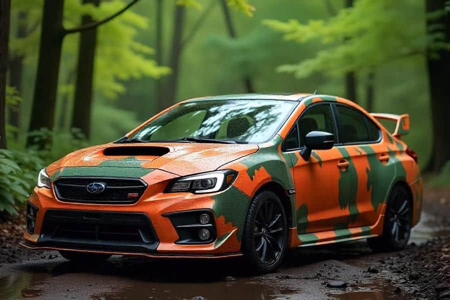 Coche vinilado aparcado en un bosque con lluvia